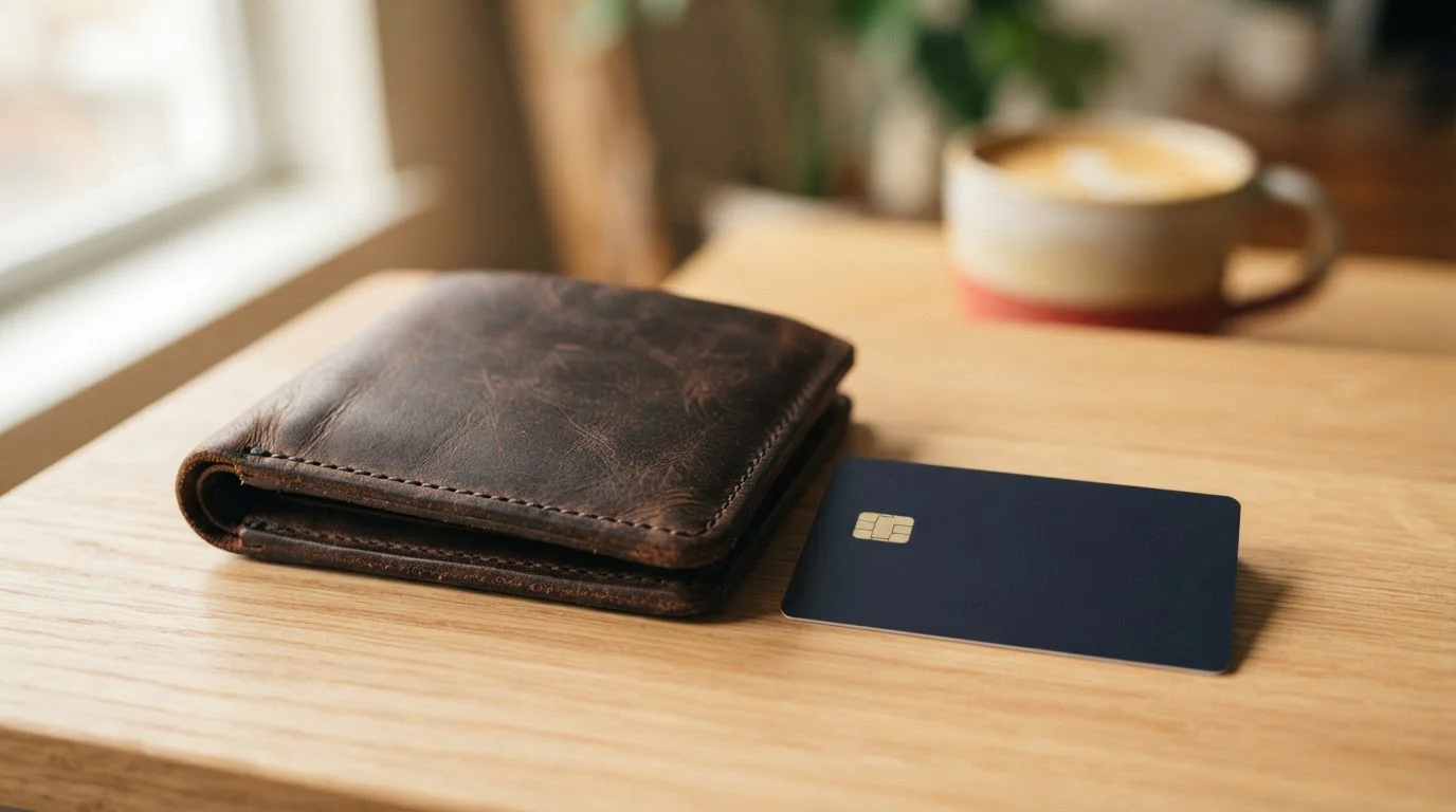 Geldbörse und schlichte Bankkarte auf einem Holztisch