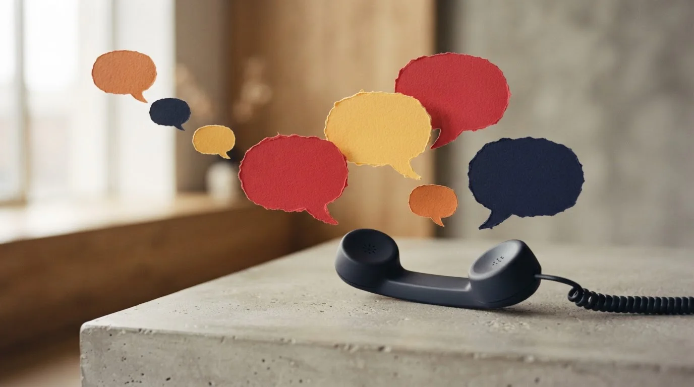 Grafische Sprechblasen und ein Telefonhörer auf einer dunklen Schreibtischfläche
