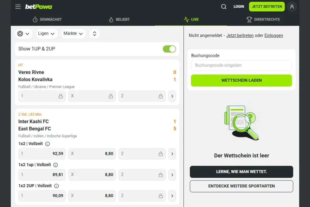 Spielstände und Zahlenquoten laufender Sportereignisse auf der betPawa-Webseite