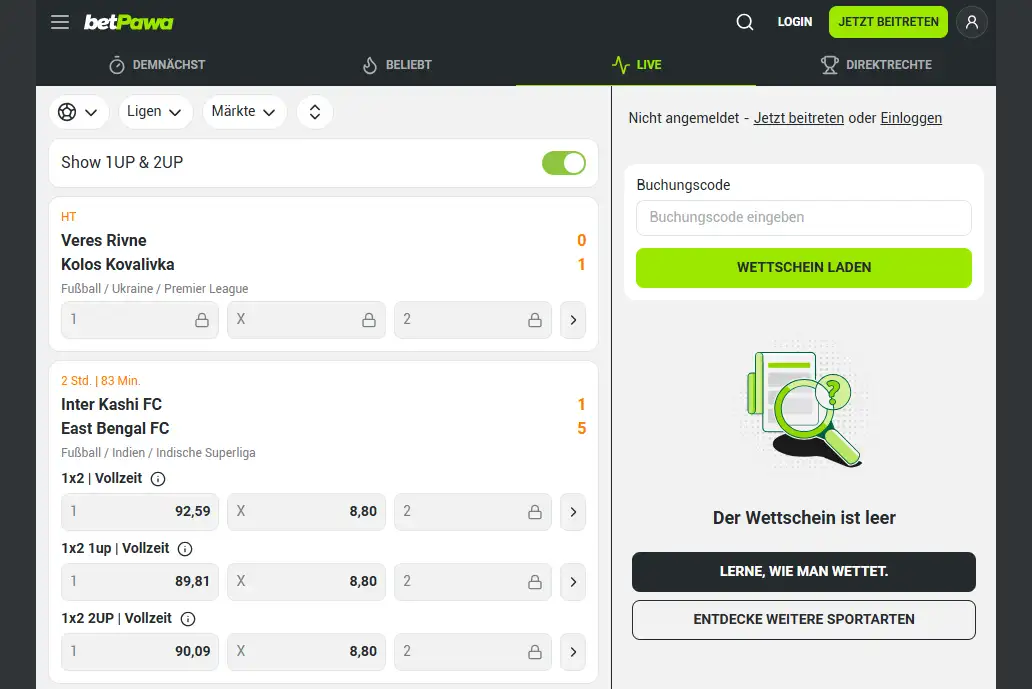 Spielstände und Zahlenquoten laufender Sportereignisse auf der betPawa-Webseite
