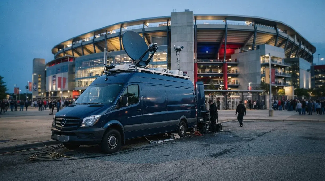 Übertragungswagen mit Antennen neben dem beleuchteten Eingang eines Fußballstadions