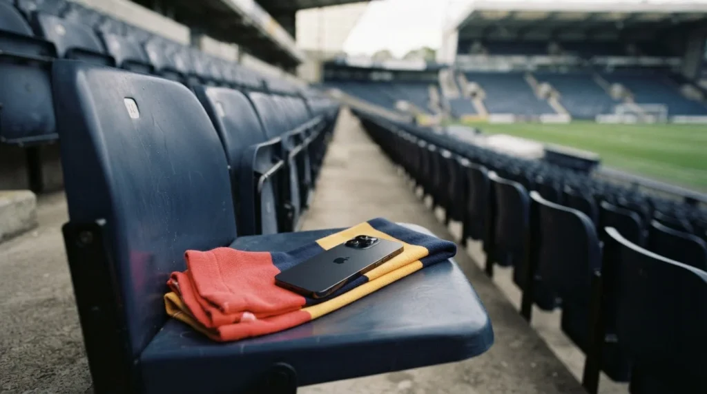 Smartphone auf einer Stadionsitzfläche neben einem gefalteten Schal