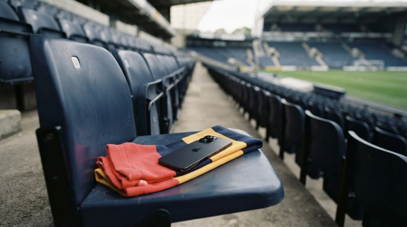 Smartphone auf einer Stadionsitzfläche neben einem gefalteten Schal