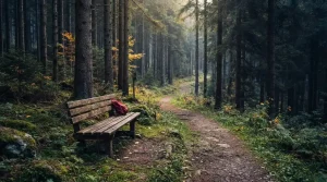 Ruhige Sitzbank neben einem Waldweg mit Bäumen im Hintergrund