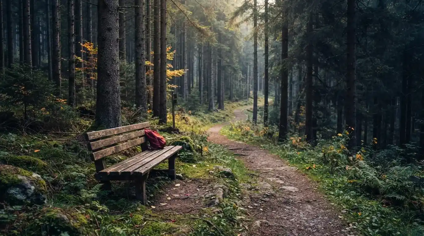 Ruhige Sitzbank neben einem Waldweg mit Bäumen im Hintergrund